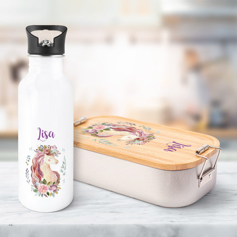 Bedruckte Brotdose & Trinkflasche im Set - Einhorn V2