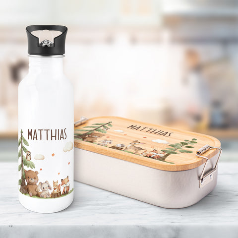 Bedruckte Brotdose & Trinkflasche im Set - Waldfreunde