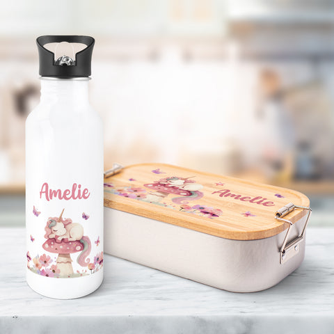 Bedruckte Brotdose & Trinkflasche im Set - Schlafendes Einhorn