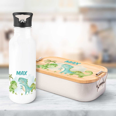 Bedruckte Brotdose & Trinkflasche im Set - Dino