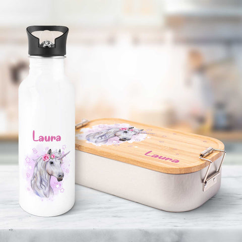 Bedruckte Brotdose & Trinkflasche im Set - Einhorn