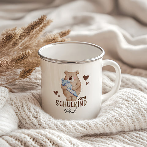 Emaille Tasse für Kinder - Schulbär - Personalisiert mit Namen