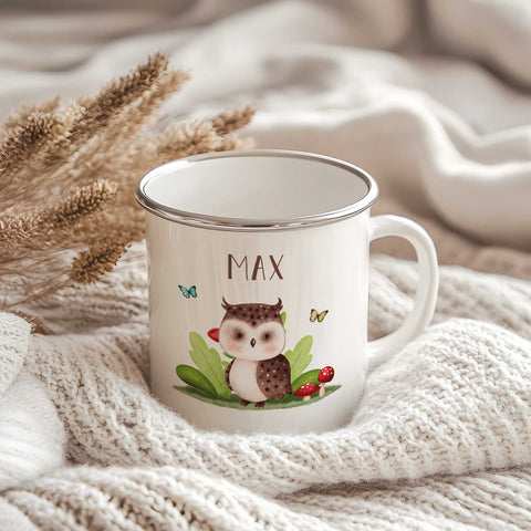 Emaille Tasse für Kinder - Personalisiert mit Namen - Tiergruppe Waldtiere