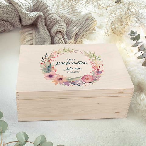 Bedruckte Erinnerungskiste zur Kommunion & Konfirmation - Blumenkranz