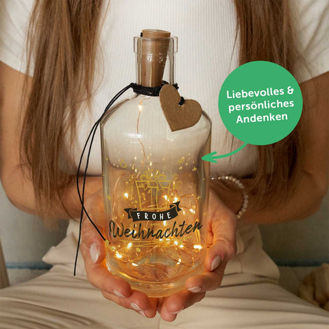 Flaschenlicht mit LED-Lichterkette und UV Druck - Goldenes Geschenk Design - Weihnachtsdekoration
