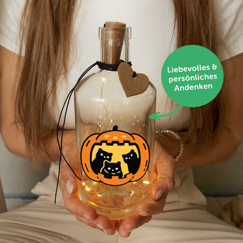 Flaschenlicht mit LED-Lichterkette im Halloween Kürbis Katzen UV Design
