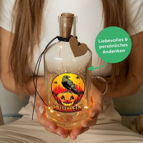Flaschenlicht mit LED-Lichterkette im Halloween Rabe UV Design