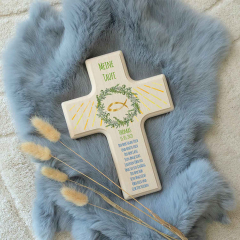 Personalisierbares Holzkreuz zur Taufe Konfirmation und Kommunion - Kranz Design