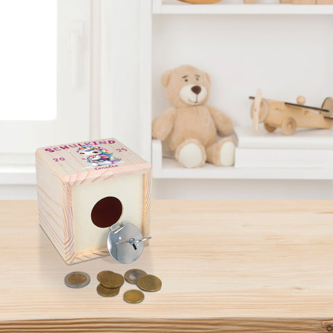 Spardose aus Holz - Schulkind