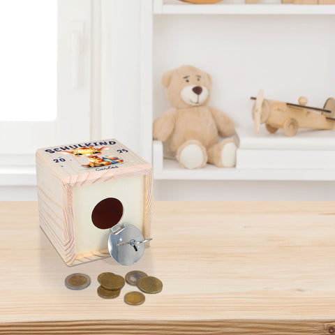 Spardose aus Holz - Schulkind