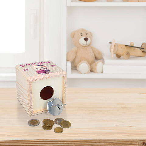 Spardose aus Holz - Schulkind