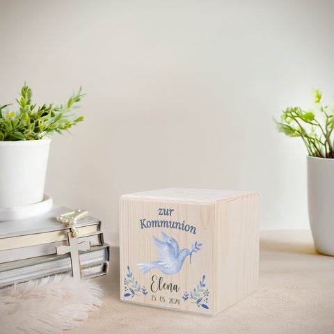 Spardose aus Holz - Taube Blau