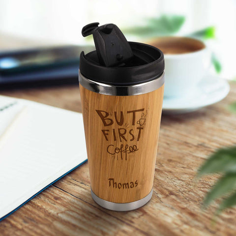 Kaffeebecher aus Bambus mit Gravur - Verschiedene Motive mit eigenem Namen