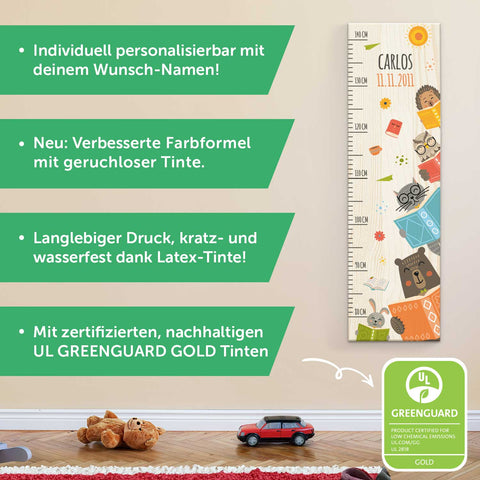 Messlatte mit Namen für Kinder im Lesetiere Design