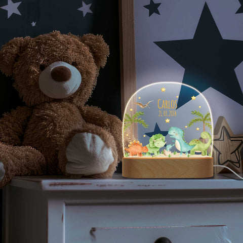 Kinder LED Nachtlicht mit Sockel aus Holz - "Dinogruppe"