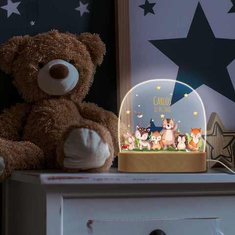 Kinder LED Nachtlicht mit Sockel aus Holz - "Tiergruppe Waldtiere"
