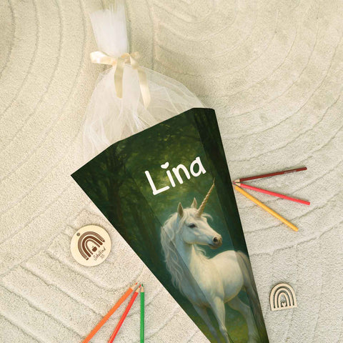 Bedruckte Schultüte mit Namen - Einhorn Wald