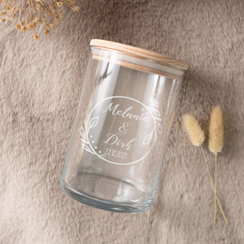 Graviertes Vorratsglas mit Holzdeckel - Zur Hochzeit