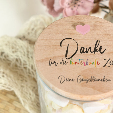 Bedrucktes Vorratsglas mit Holzdeckel - Danke für die kunterbunte Zeit