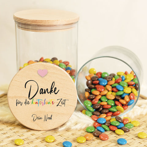 Bedrucktes Vorratsglas mit Holzdeckel - Danke für die kunterbunte Zeit