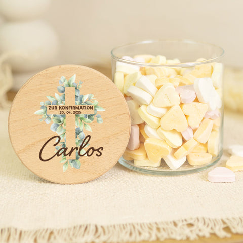 Bedrucktes Vorratsglas mit Holzdeckel - Konfirmation Kreuz