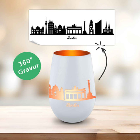 Deko Windlicht aus Glas mit Gravur - Skyline Berlin