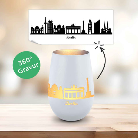 Deko Windlicht aus Glas mit Gravur - Skyline Berlin