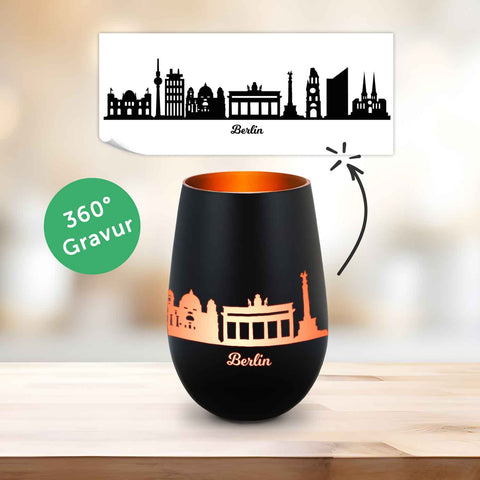 Deko Windlicht aus Glas mit Gravur - Skyline Berlin