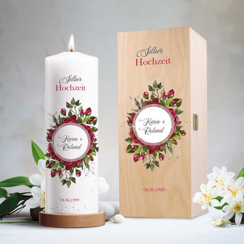 Große Kerze "Silber Hochzeit" - Hochzeitskerze mit Namen, Datum & Wunschtext zur Silberhochzeit