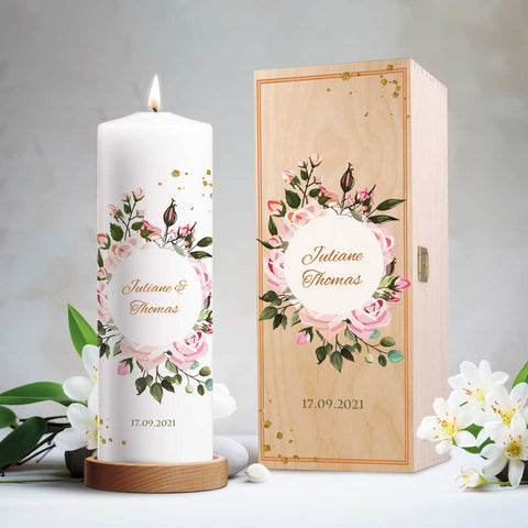 Große Kerze "Summer & Flower" - Hochzeitskerze mit Namen, Datum & Wunschtext