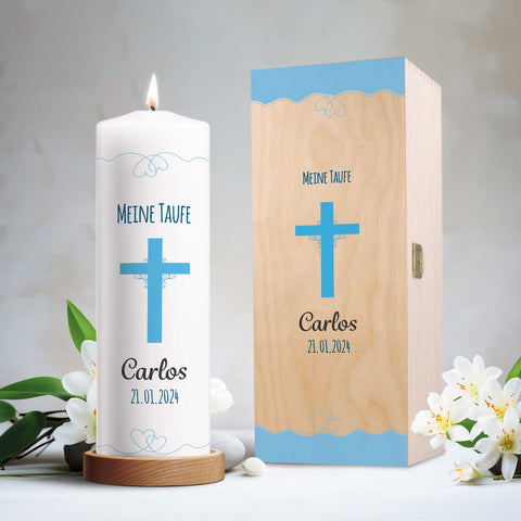 Große Kerze "Kreuz" - Taufkerze mit Namen, Datum & Taufspruch