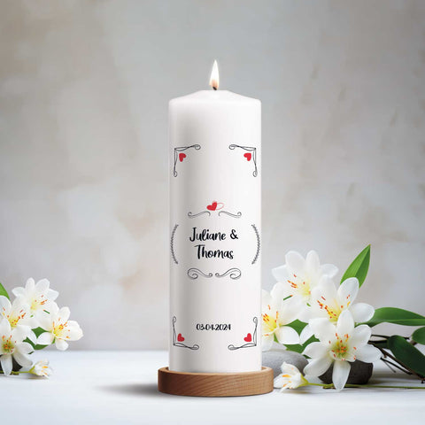 Große Kerze "Red Hearts" - Hochzeitskerze mit Namen, Datum & Wunschtext