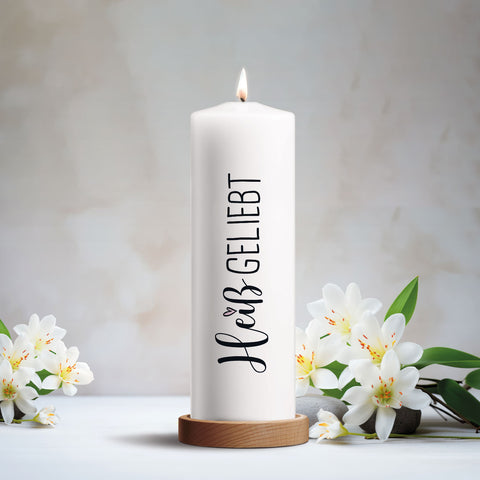 Bedruckte große Kerze "Heißgeliebt" - Paarkerze zum Valentinstag