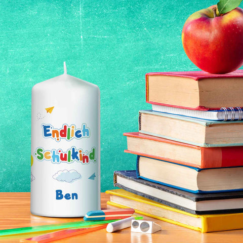 Große Kerze "Endlich Schulkind" mit Namen zur Einschulung