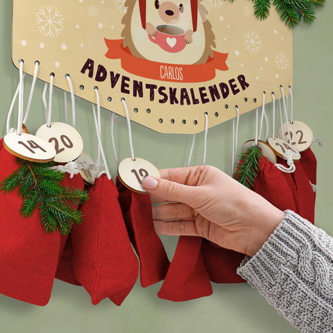 Personalisierter Adventskalender aus Holz mit Druckmotiv & Namen - Wintertiere