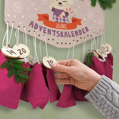 Personalisierter Adventskalender aus Holz mit Druckmotiv & Namen - Wintertiere