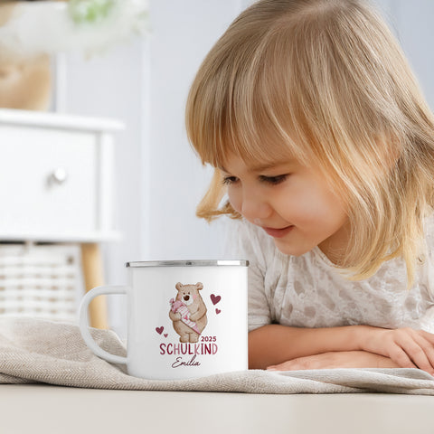 Emaille Tasse für Kinder - Schulbär - Personalisiert mit Namen