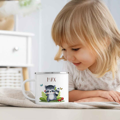Emaille Tasse für Kinder - Personalisiert mit Namen - Tiergruppe Waldtiere