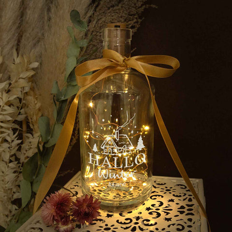 Flaschenlicht mit LED-Lichterkette im Hallo Winter Design - Personalisiert mit Namen