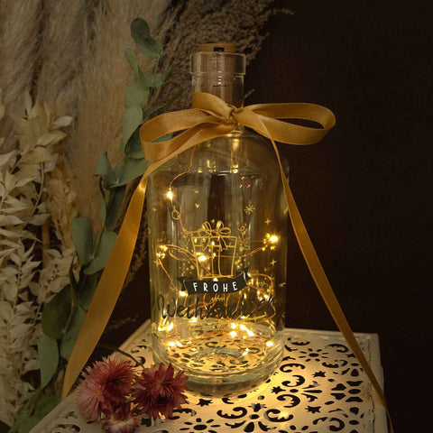 Flaschenlicht mit LED-Lichterkette und UV Druck - Goldenes Geschenk Design - Weihnachtsdekoration