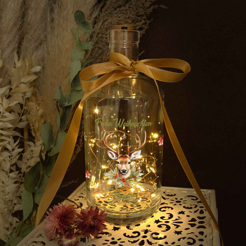 Flaschenlicht mit LED-Lichterkette und UV Druck - Hirsch Design - Personalisiert mit Name