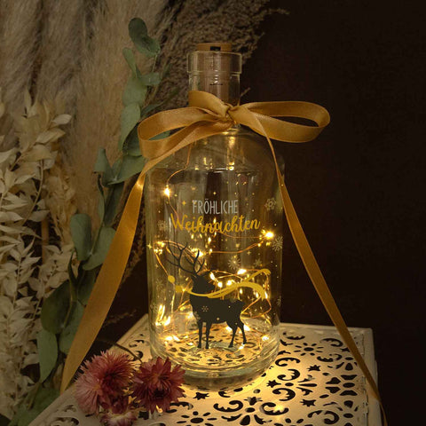 Flaschenlicht mit LED-Lichterkette und UV Druck - Hirsch Gold Design - Weihnachtsdekoration