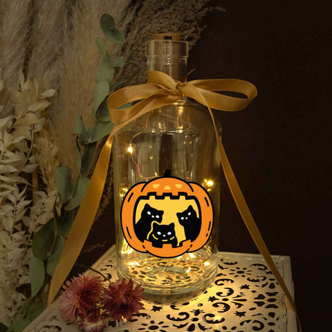 Flaschenlicht mit LED-Lichterkette im Halloween Kürbis Katzen UV Design
