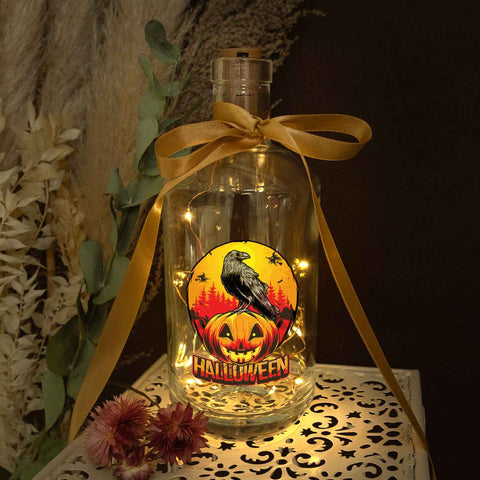 Flaschenlicht mit LED-Lichterkette im Halloween Rabe UV Design