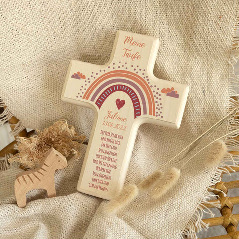 Personalisierbares Holzkreuz zur Taufe Konfirmation oder Kommunion - Regenbogen Design