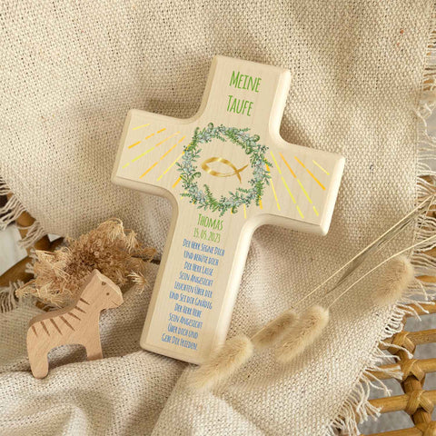 Personalisierbares Holzkreuz zur Taufe Konfirmation und Kommunion - Kranz Design