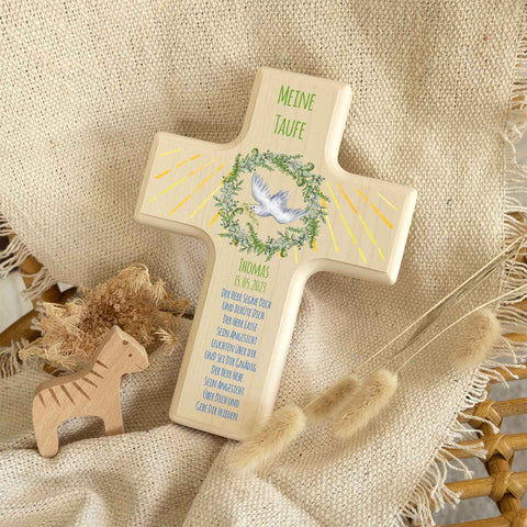 Personalisierbares Holzkreuz zur Taufe Konfirmation und Kommunion - Kranz Design
