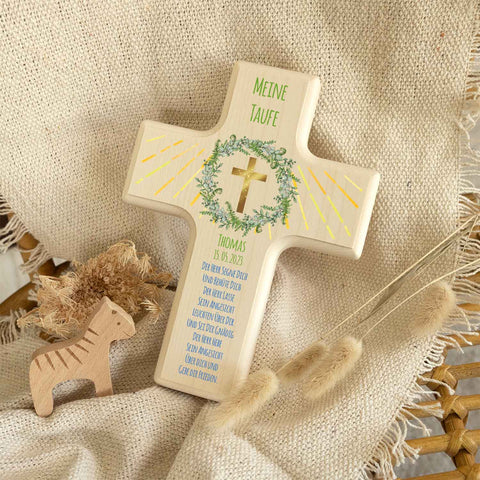 Personalisierbares Holzkreuz zur Taufe Konfirmation und Kommunion - Kranz Design