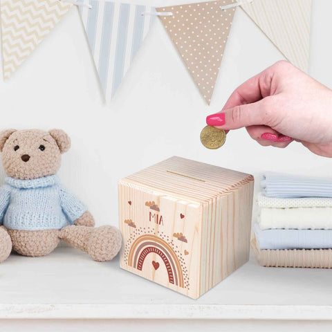 Spardose aus Holz - Regenbogen - mit Namen personalisiert