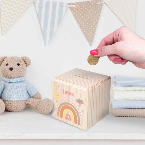 Spardose aus Holz - Regenbogen Pastell